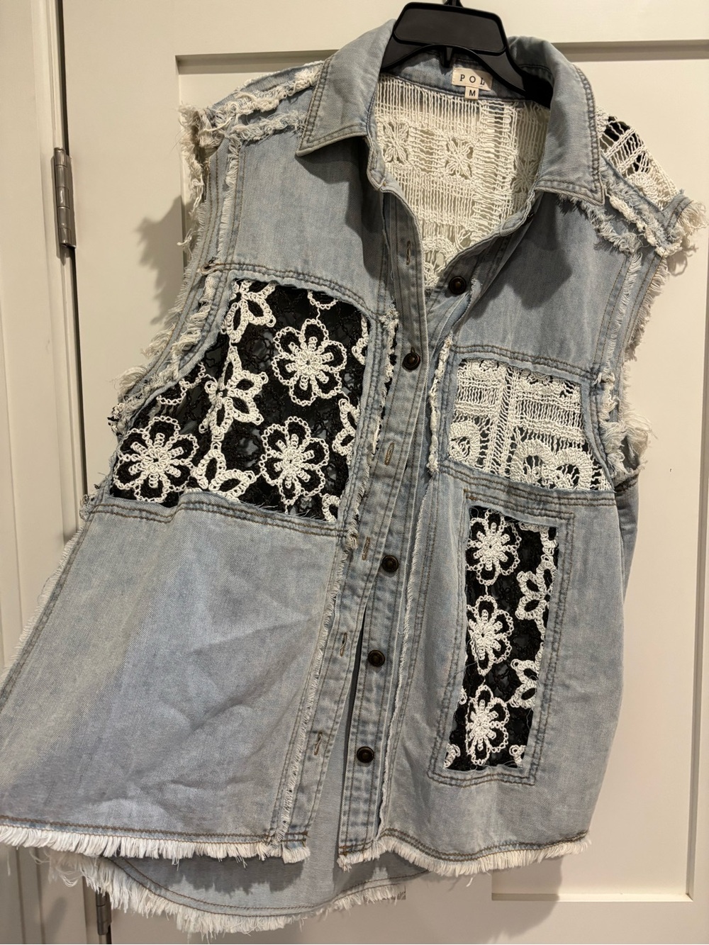 POL Light Wash Denim Vest with White Crochet Panels